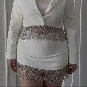 White Mini Skort with Silver Fringe Detailing